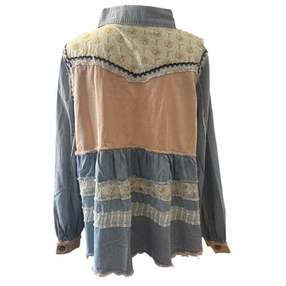 POL Patchwork Lace Tiered Denim Shacket Shirt Jacket Large Boho Cottagecore - Picture 4 of 8